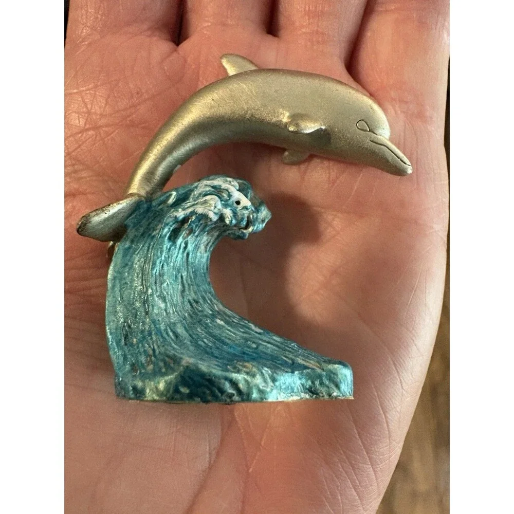 Vtg 2000  Masterworks Fine Pewter (MWFP) Dolphin Riding Waves Miniature Figure